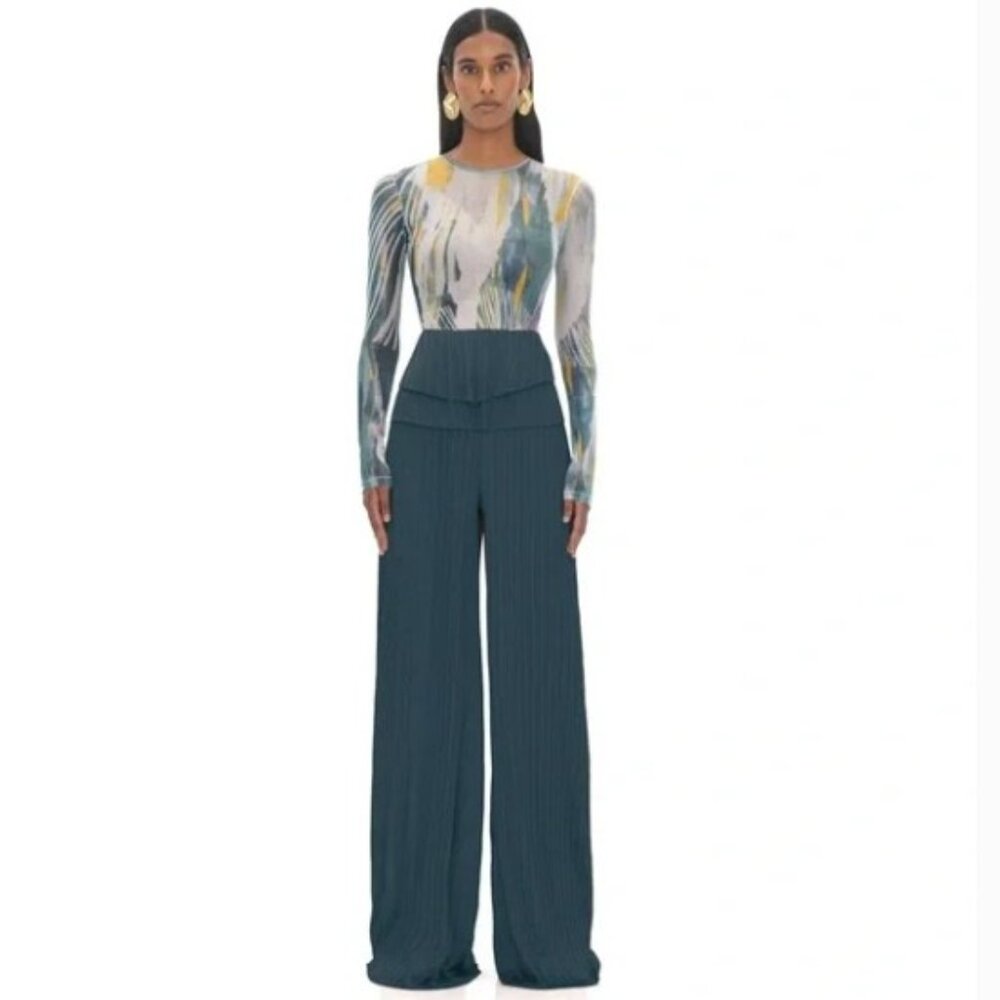 Andrea Iyamah Teal Wide-Leg Pleated Pants - Picture 2 of 6
